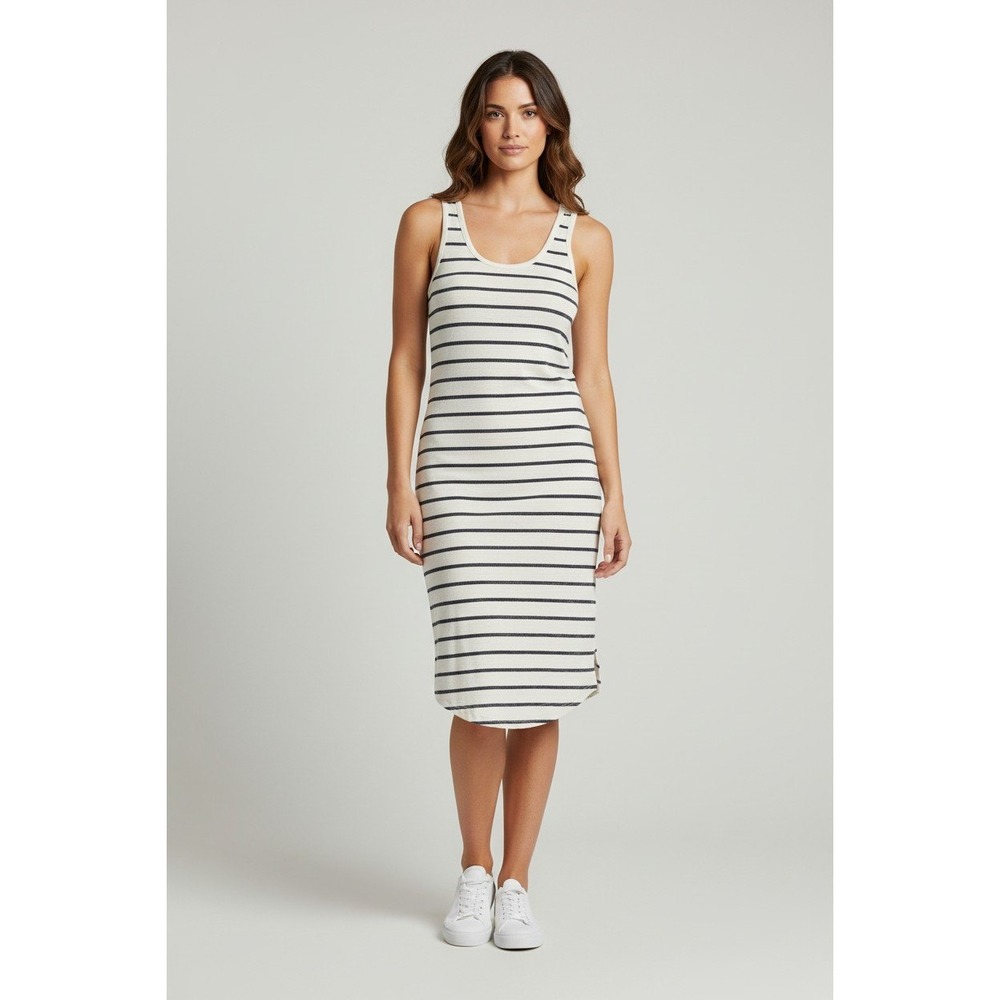 A New Day Striped Tank Dress Womens XS Cream Navy Blue Rib Knit Midi Scoop Neck